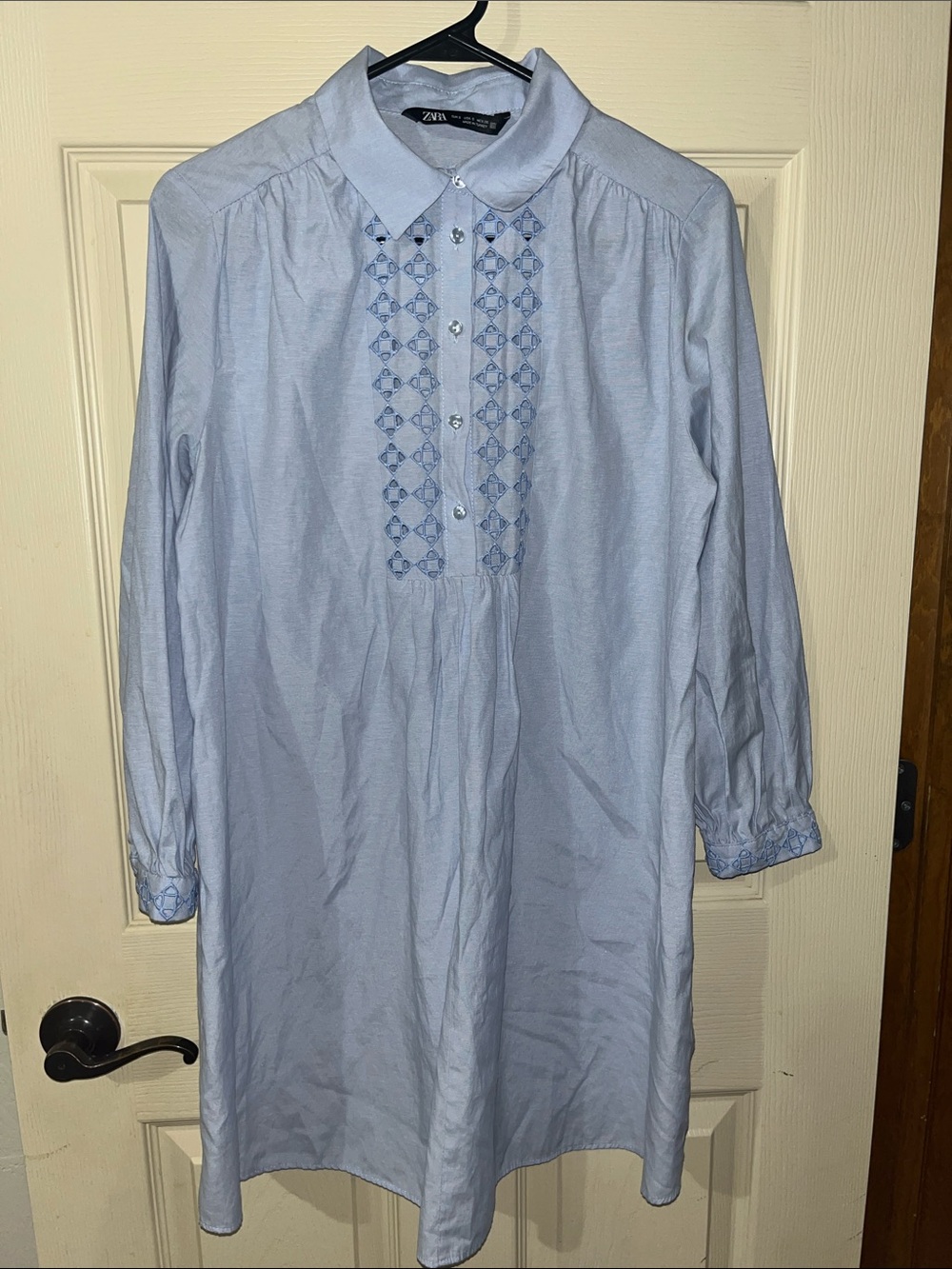 {Zara} Light Blue Embroidered Long Sleeve Shirt